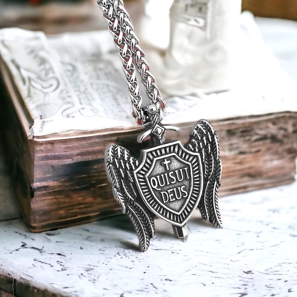 Arch Angel Michael “Quis Ut Deus” Silver Unisex Mens Protection Pendant Necklace